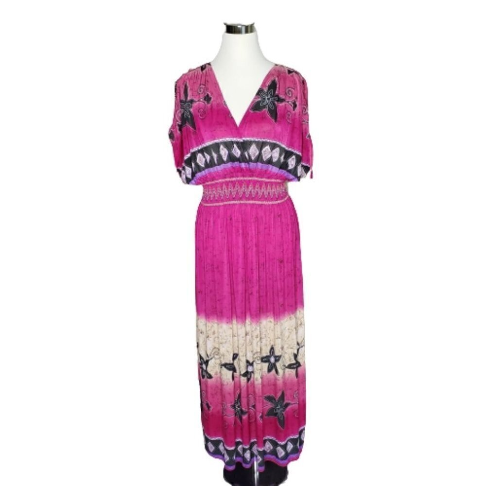 jessica Taylor Pink Floral Pullover V-Neck Back Smocked Waist Midi Dress Large - Picture 2 of 7